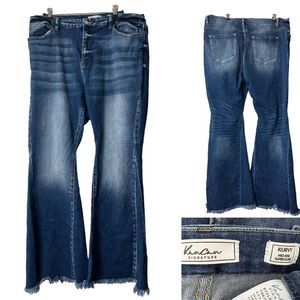 KANCAN Jeans Kurvy Mid Rise Super Flare Raw Frayed Bottom Stretch size 34x31”